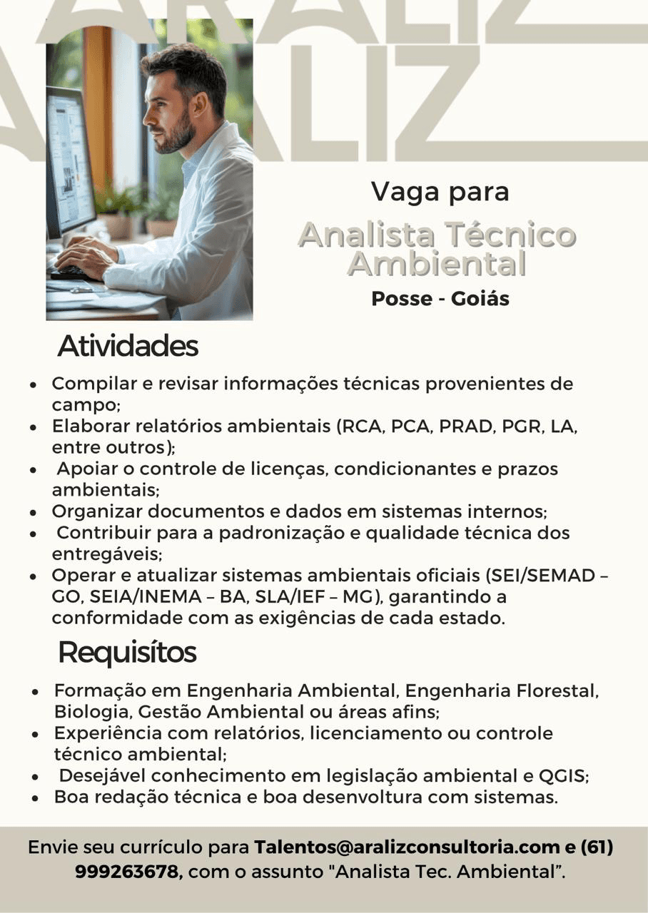 Vaga para Analista Técnico Ambiental 